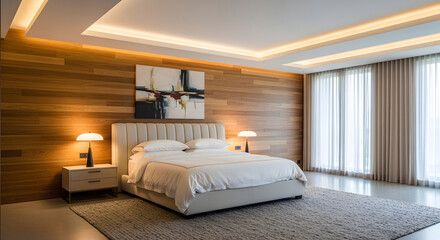 Luxurious master bedroom exemplifying Modern Architecture & Interior Design with a warm wood feature wall and ambient lighting.