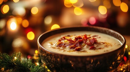 A rich bowl of clam chowder, topped with crispy bacon bits  on blurred background