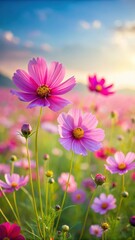 Vibrant cosmos flowers sway gently in a summer field