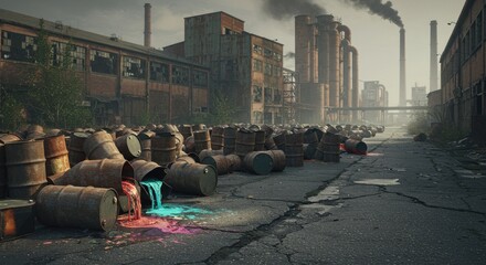 Abandoned Industrial Site: Leaking Barrels, Pollution, and Environmental Decay.