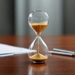 Glass Hourglass with Flowing Sand on Wooden Office Desk

