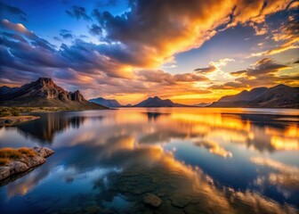 Surreal view over Hell's Gate lagoon at sunset with dark waters and surrounding mountains