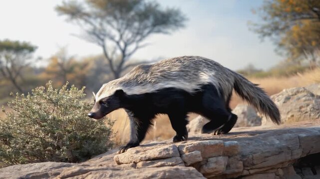 A honey badger with a distinctive black and grey coat, walking on a rocky terrain in its natural habitat.