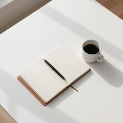 Open Notebook with Pen and Cup of Coffee on White Office Table
