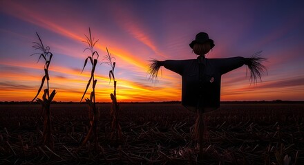Obraz premium Silhouette of a scarecrow in a harvested cornfield against a dramatic sunset sky