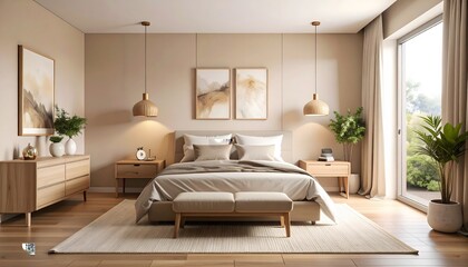 Serene Bedroom Interior: Neutral Tones, Modern Design, and Natural Light.