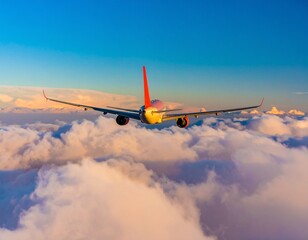 Obraz premium Airplane flying above glowing clouds at sunrise, viewed from behind with vibrant sky symbolizing freedom, travel, and serenity.