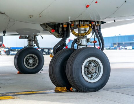 Close-up of aircraft landing gear with yellow chocks, showcasing engineering detail, safety systems, and airport ground operations.