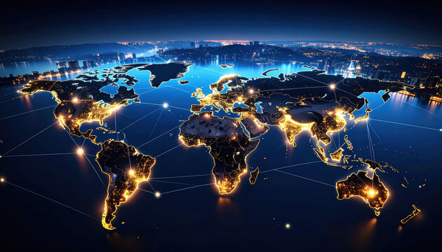 Digital map of world at night showing illuminated continents and connecting lines representing global communication or network connections, with cityscape in background