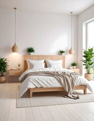 Serene Bedroom Interior with Natural Light, Plants, and Wooden Accents