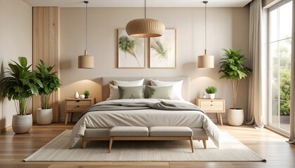 Serene Bedroom Interior with Natural Light, Plants, and Minimalist Design Elements