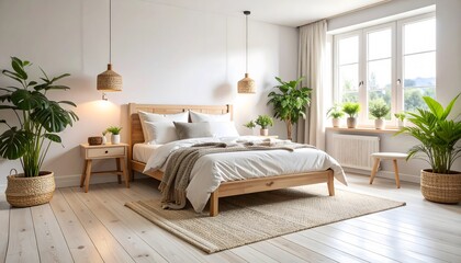 Serene Bedroom Interior with Natural Light, Plants, and Wooden Bed Frame