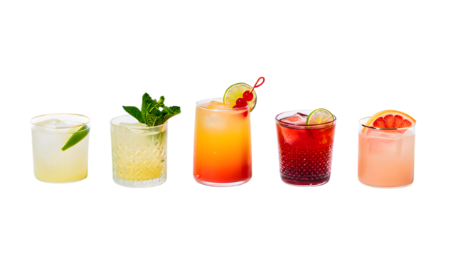 Photo of row of colorful cocktails isolated on transparent background