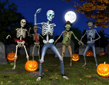 Dancing skeletons and zombies in a graveyard at night, surrounded by pumpkins and tombstones