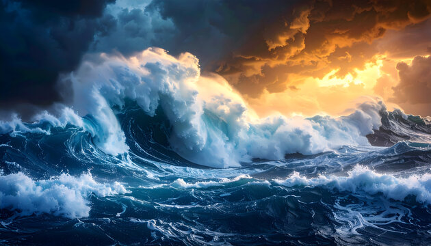 Dramatic Ocean Waves Crashing Under A Stormy Sky Showing Powerful Water Motion With Golden Sunset Lighting