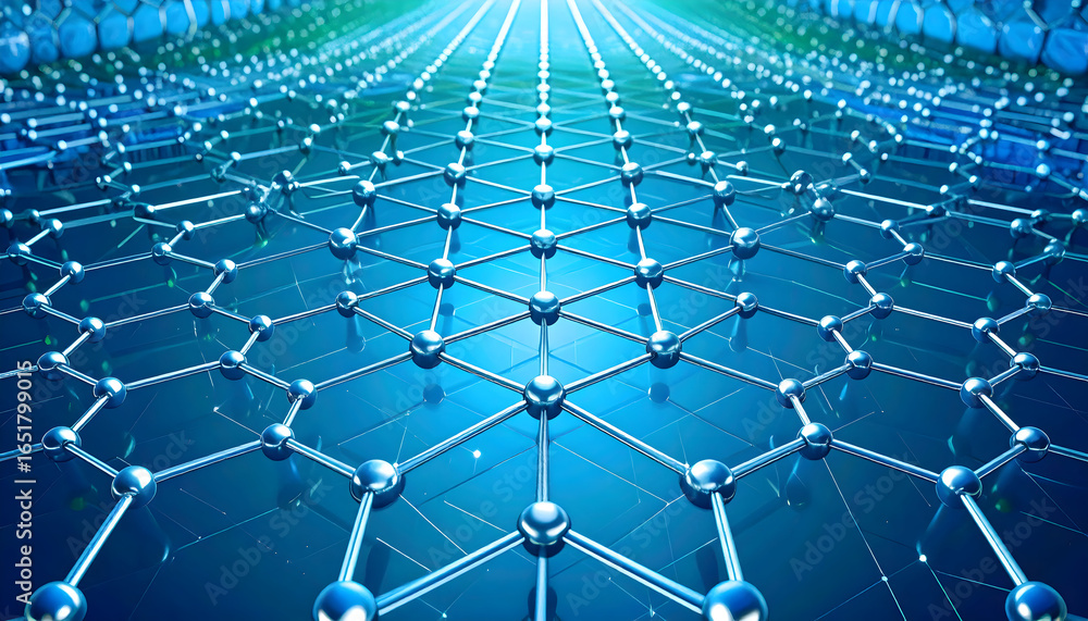 Wall mural abstract blue geometric network structure with connected nodes in futuristic perspective