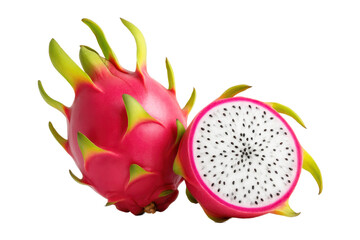 Fresh dragon fruit isolated on white background, showing whole pitaya and juicy half cut with vibrant pink skin and white pulp full of tiny black seeds