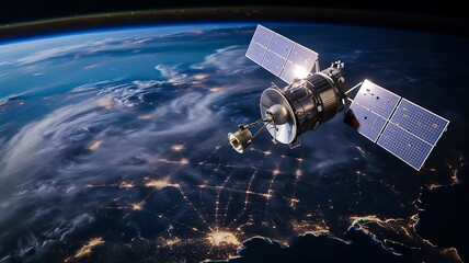 Fototapeta premium Satellite orbiting earth at night with city lights and technology communication network 