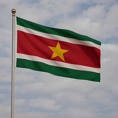 Obraz premium The flag of Suriname waves with green, red, white stripes and a central yellow star.