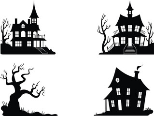 Spooky haunted house silhouettes with eerie trees, Halloween horror vector illustration set, creepy architecture clipart for seasonal design, decoration, and print projects