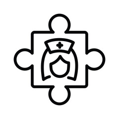 A jigsaw puzzle piece with a nurse icon in the center, web icons in line style. Editable stroke