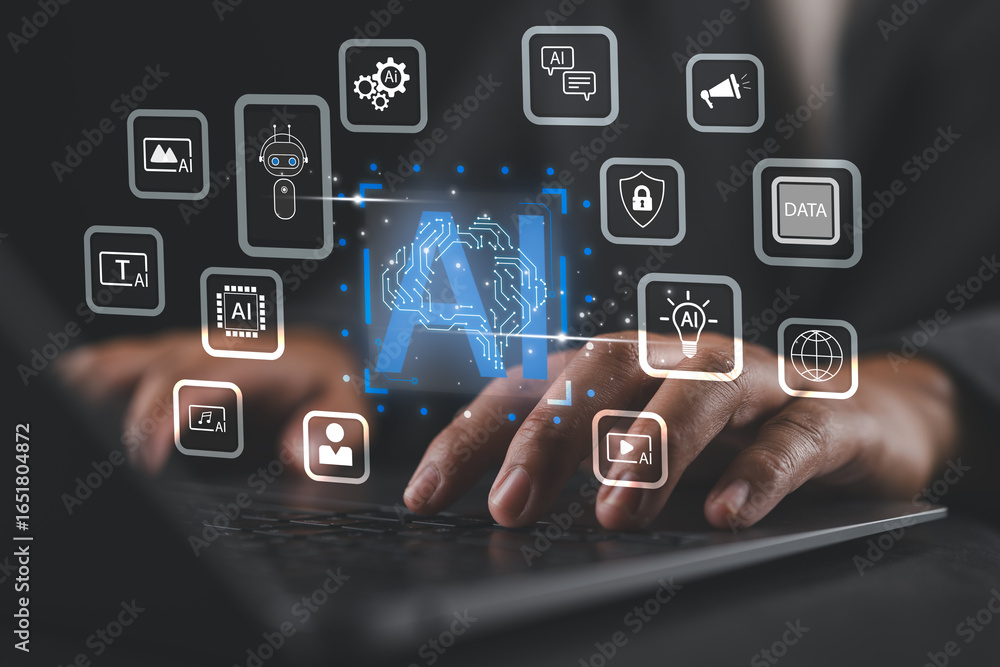 Aufkleber businessman using technology ai for working tools. chatbot chat with ai, technology smart robot ai, 