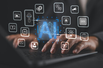 Businessman using technology AI for working tools. Chatbot Chat with AI, Technology smart robot AI, artificial intelligence to generate something or help solve work problems.