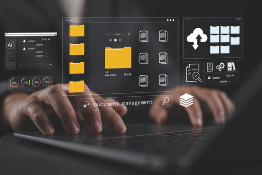 Document management, digital file information storage of business. Businessman using a laptop to online documentation technology database, ERP system, checklist security, file access, doc sharing.