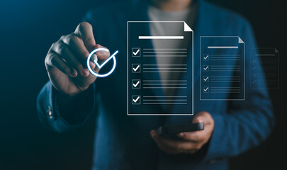 Accountant showing office document auditing concept, plan review process and assess correctness,...