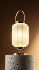 cylindrical pedestal with product silhouette and paper lantern glow