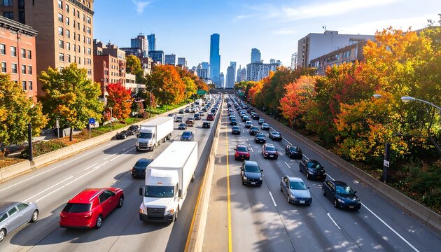 Elevated view of a congested highway, autumn foliage lining the sides, city skyline in the background