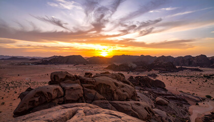 Golden Sunset Over Rocky Desert Landscape with Dramatic Cloud Formations and Natural Rock Formations