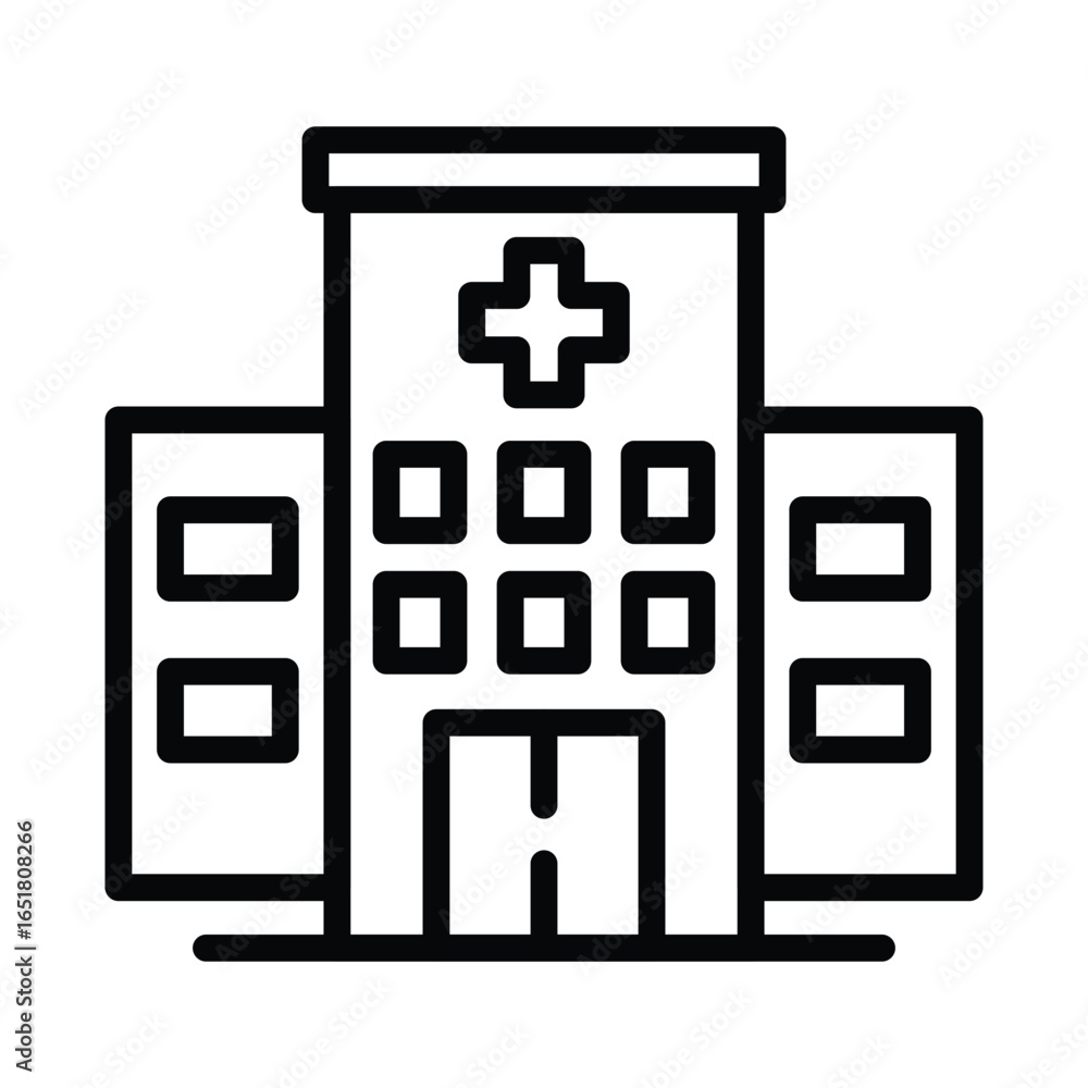 Poster icon of hospital featuring plus symbol windows and modern design, web icons in line style. editable 