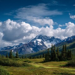 Obraz premium Majestic Mountain Landscape, Alaskan Summer, Scenic Nature Photography, Vibrant Greenery, Cloudy Sky View
