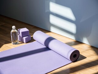 rolled yoga mat, blocks, water bottle by bright window