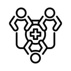 Three figures surround a circle with a plus sign in the center viewed from above, web icons in line style. Editable stroke