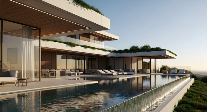 Ultra-modern villa exterior featuring luxurious outdoor living, an infinity pool, and cutting-edge Modern Architecture & Interior Design.