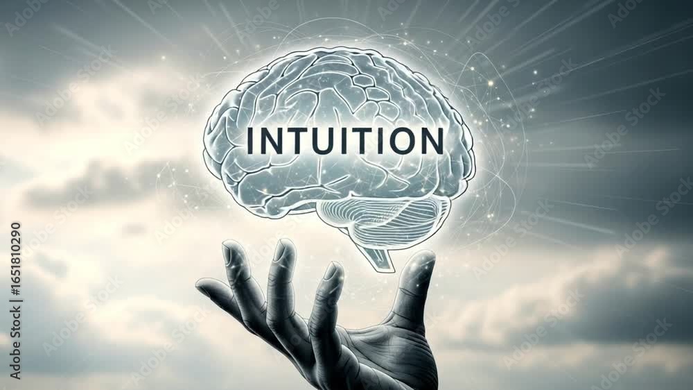 Poster a hand holding a brain with the word intuition in front of a cloudy background with light effects