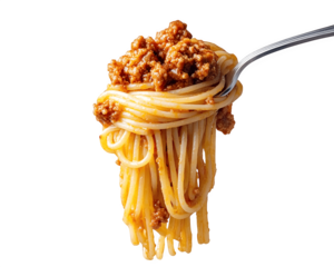 A fork holding a tangle of spaghetti topped with a rich meat sauce