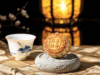 Mid-Autumn Festival Modern Product Scenes: Mooncake on Stone Pedestal