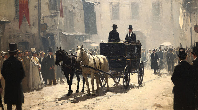 Horse Carriage Wedding City Street Historic Nostalgia People Elegant Formal Clothing Celebration Tradition Vintage Urban Scene Lively Crowd Heritage Architecture Culture Event Classic Style