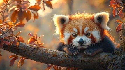 Adorable red panda cub resting on a tree branch in a serene mountain landscape