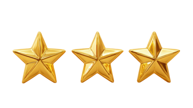 Three Golden Rating Stars isolated on transparent background Remove png, Clipping Path, pen tool