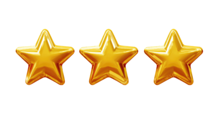 Three Golden Rating Stars isolated on transparent background Remove png, Clipping Path, pen tool