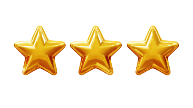 Three Golden Rating Stars isolated on transparent background Remove png, Clipping Path, pen tool