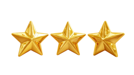 Three Golden Rating Stars isolated on transparent background Remove png, Clipping Path, pen tool