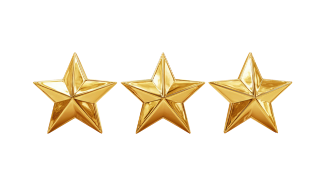 Three Golden Rating Stars isolated on transparent background Remove png, Clipping Path, pen tool
