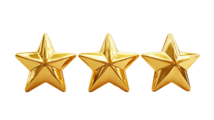 Three Golden Rating Stars isolated on transparent background Remove png, Clipping Path, pen tool