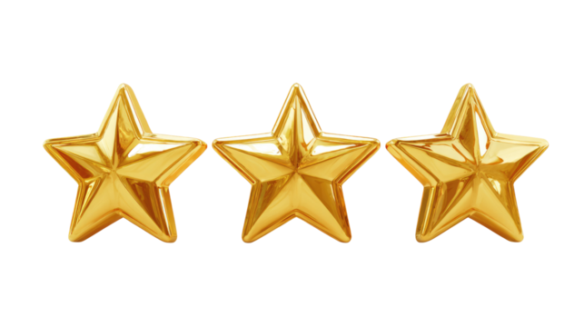 Three Golden Rating Stars isolated on transparent background Remove png, Clipping Path, pen tool