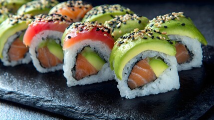 Side view of sushi rolls with salmon, avocado, and sesame seeds arranged neatly on a slate plate 